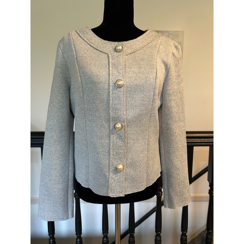Cartise Womens Grey Textured Knit Pearl Button Jacket Made in Canada Size 8